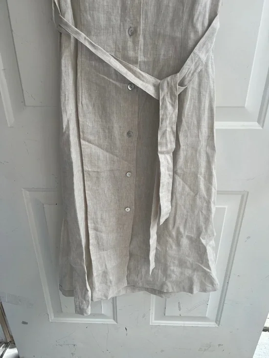 NWT Hiris Cotton Button-Front Short Sleeve Linen Midi Dress in Natural Beige - Picture 4 of 15